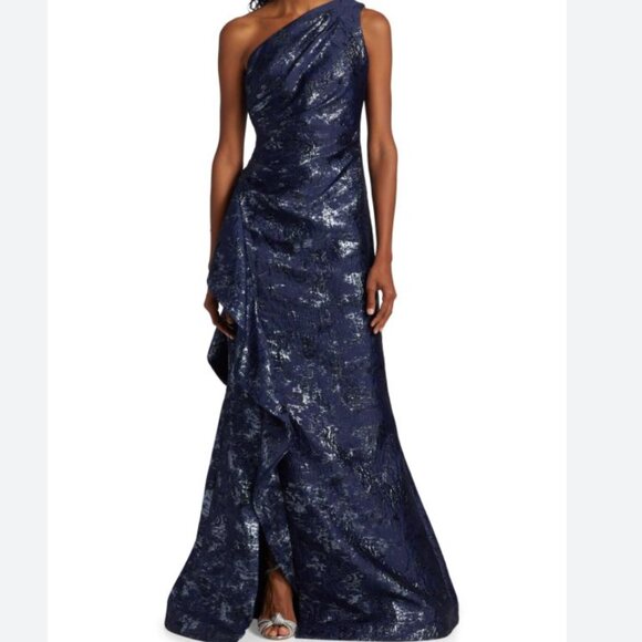 Teri Jon by Rickie Freeman Metallic Jacquard One-Shoulder Gown Navy - Picture 1 of 16